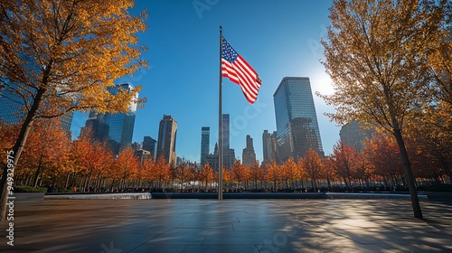 The American flag at Ground Zero under a clear September sky, with the memorial pools in the background
