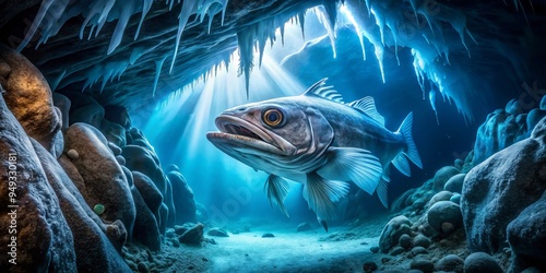 Antarctic Toothfish glimmers amidst ethereal blue light amidst frozen crystals, as bioluminescent plankton dance like sparks around it, amidst the haunting quiet of a dark, icy trench. photo