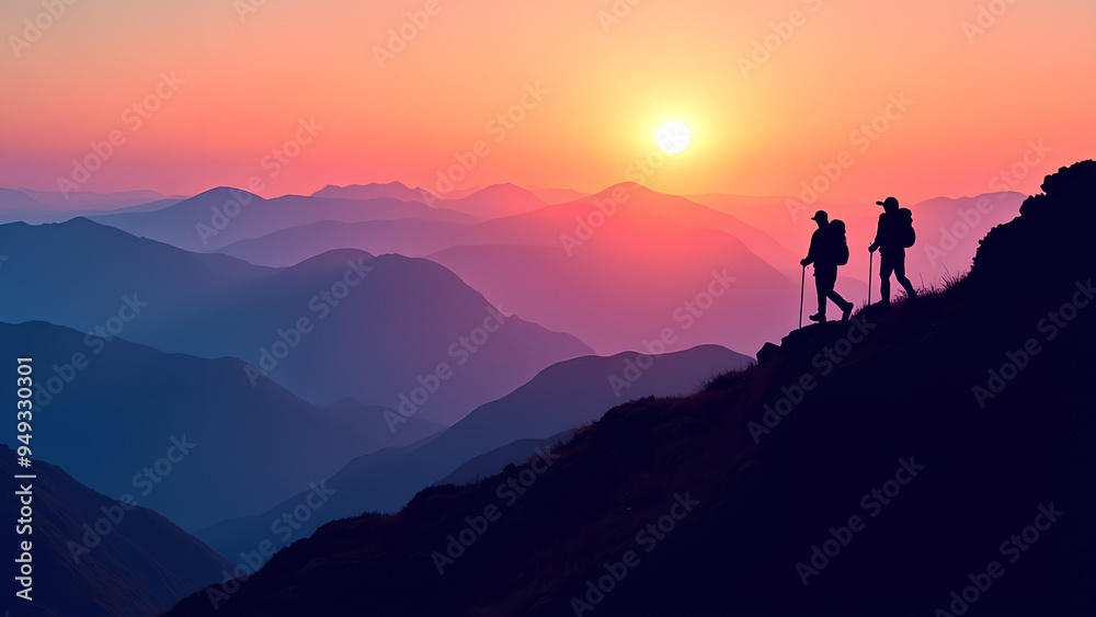 Two hikers trekking along a mountainous ridge at sunset with layers of blue and purple mountains extending into the horizon The sky displays vibrant hues of orange and pink Two hikers trekking along a mountainous ridge at sunset with layers of blue and purple mountains extending into the horizon The sky displays vibrant hues of orange and pink