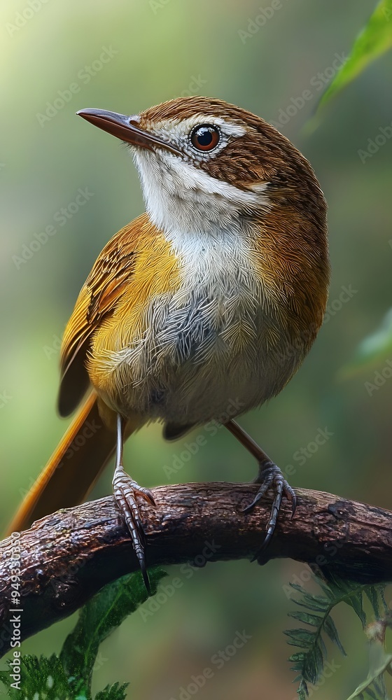 Fototapeta premium Bell Bird Perched on a Branch in Nature, Photo Realistic, Wallpaper, Cover and Screen for Smartphone, PC, Laptop, 9:16 and 16:9 Format