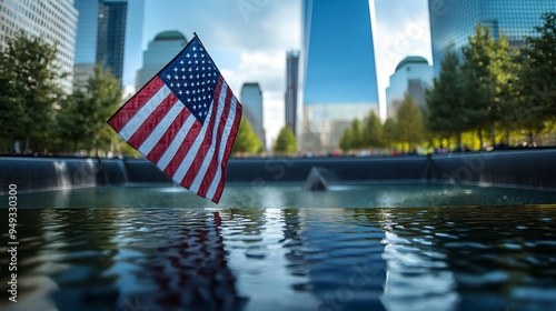 Close-up of the American flag fluttering at Ground Zero with the memorial fountains in the distance