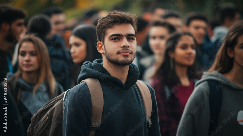 Dynamic scene of college students standing in a crowd, focused on a conversation, representing the social energy and community spirit of campus life Dynamic scene of college students standing in a crowd, focused on a conversation, representing the social energy and community spirit of campus life
