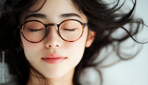 Asian girl closes her eyes, exuding a sense of relaxation and happiness, expression reflects a peaceful and content moment, highlighting her natural beauty and calm demeanor.