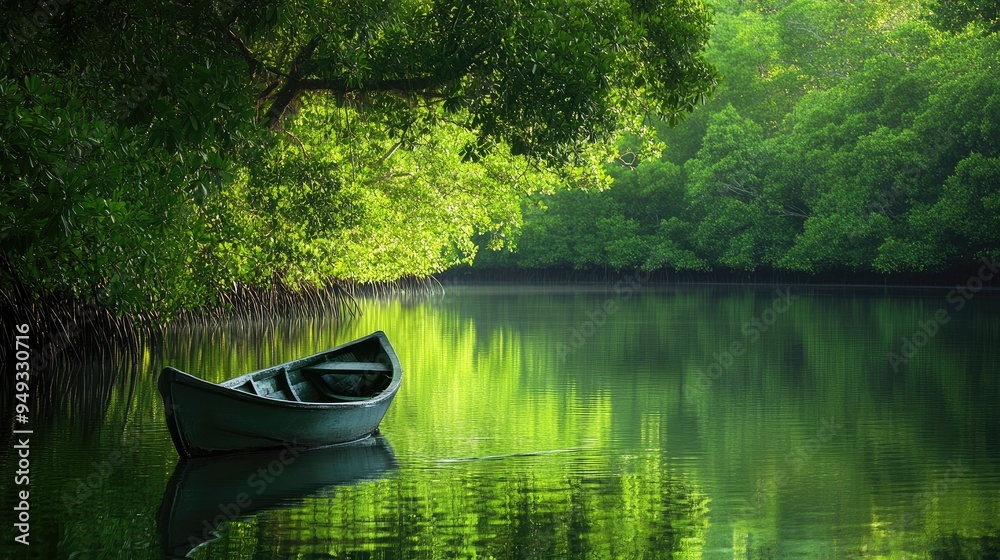 Peaceful scene of a rowboat gliding through calm waters in a dense mangrove forest, with lush greenery reflected Peaceful scene of a rowboat gliding through calm waters in a dense mangrove forest, with lush greenery reflected