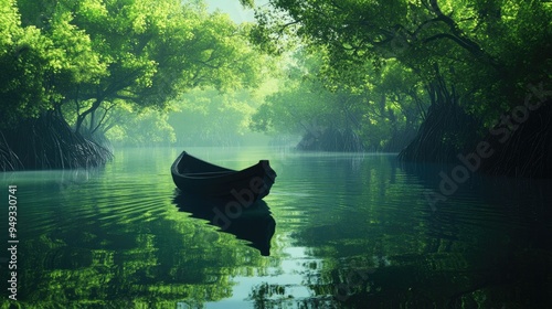 Peaceful scene of a rowboat gliding through calm waters in a dense mangrove forest, with lush greenery reflected photo