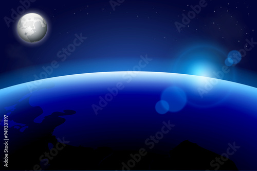 An Illustration of Cosmic Sunrise Over Earth Horizon depicts a breathtaking cosmic sunrise as viewed from space, with the sun's rays emerging over the curved horizon of Earth. The deep blues and black