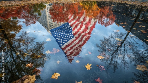 The American flag reflecting in the Ground Zero Memorial pool during a quiet September day