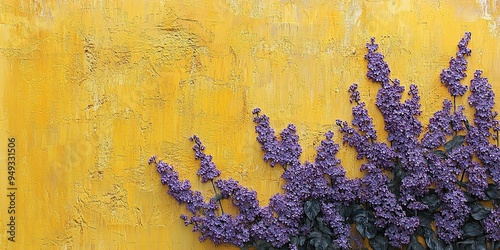 A wall with lilac flowers painted on it, the background is yellow and textured, the purple lills cover almost all of the space in front photo