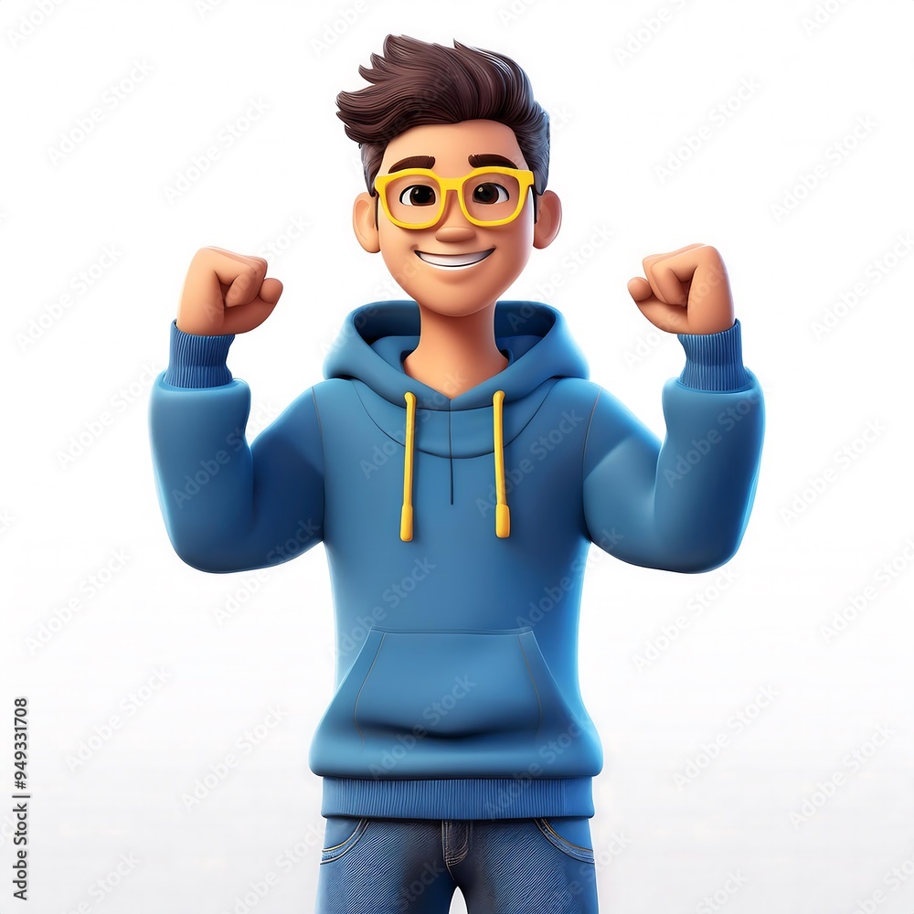 Happy man person successful fists up 3d style cartoon character on white background Happy man person successful fists up 3d style cartoon character on white background