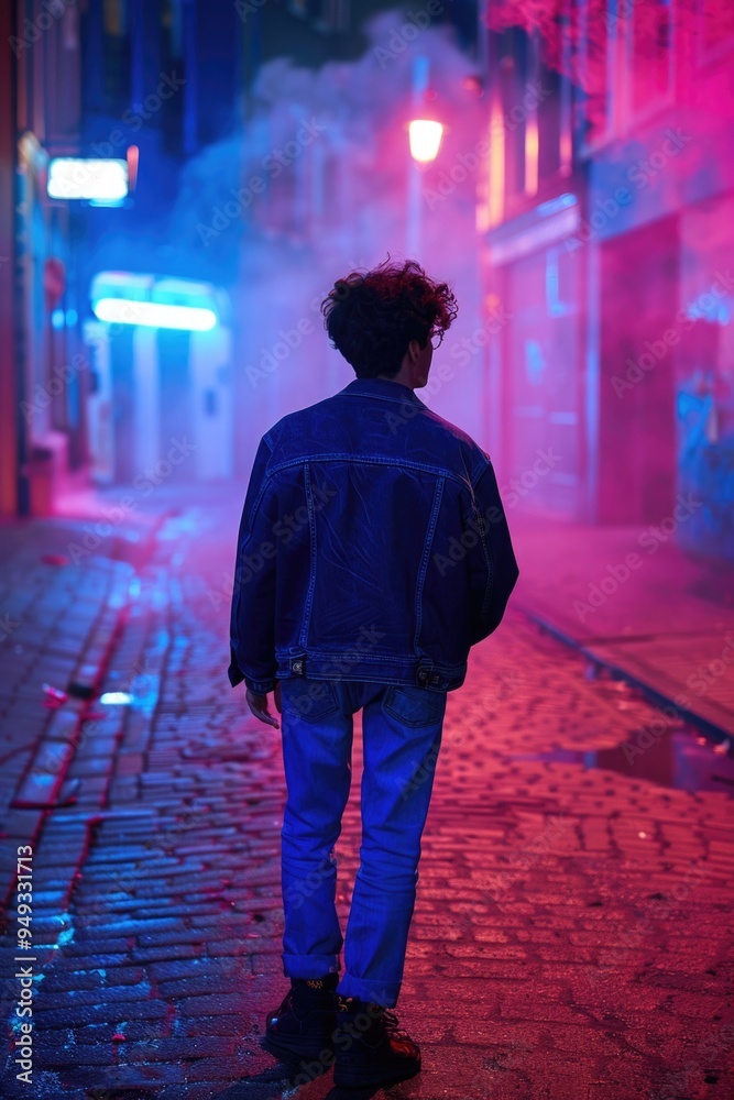A person walking alone on a dark street at night, with city lights and shadows A person walking alone on a dark street at night, with city lights and shadows