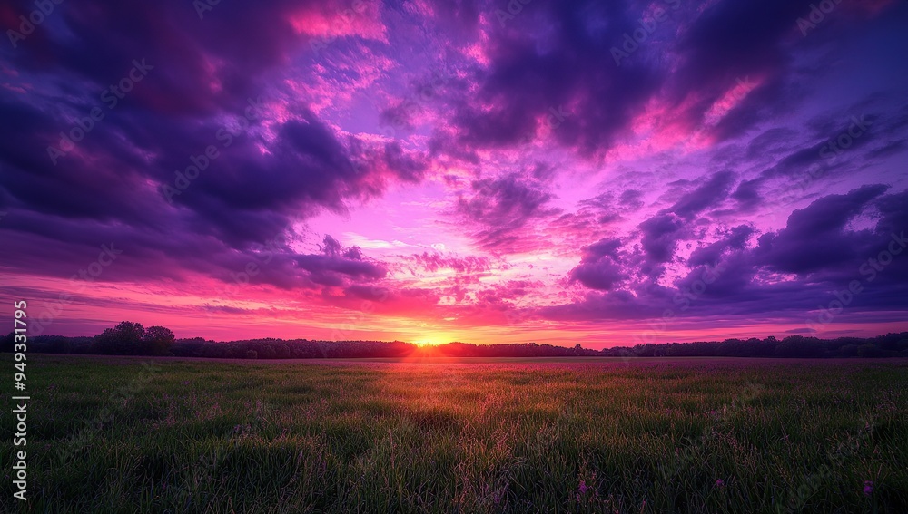 A vibrant purple and pink sunset over an English countryside A vibrant purple and pink sunset over an English countryside