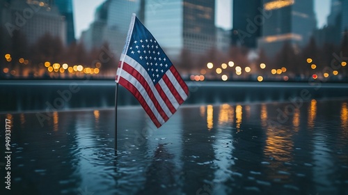 Close-up of the American flag at Ground Zero with the memorial fountains in the background