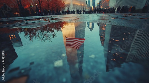 American flag reflected in the Ground Zero Memorial with the Freedom Tower in the distance