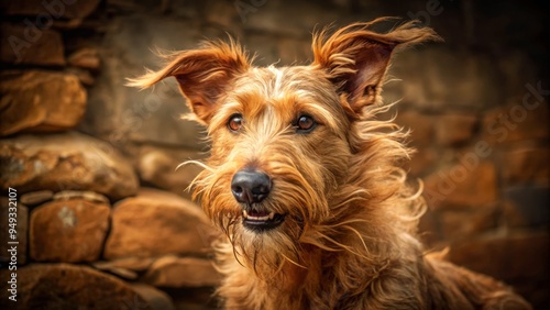 As the gust whips her tousled fur back, her piercing gaze burns bright, her joyful mouth curled into a sly grin, set against the rusted stone wall's rough texture. photo