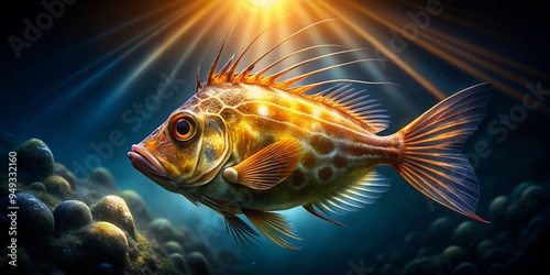 As the John Dory rises from the depths, soft focus on its subtle scales, whispers of moonlight casting an ethereal glow, mingling warm autumnal shades with the dark sea's midnight sky. photo