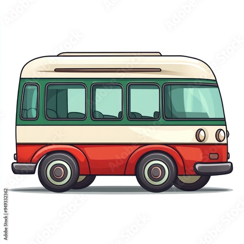 Vintage Bus Illustration - Side View with White, Green, and Red Colors