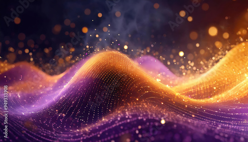Abstract digital holographic orange amber, purple particles and waves with shiny sparkling dots and bokeh lights on dark blue violet wavy virtual surface and cyberspace background or wallpaper. 