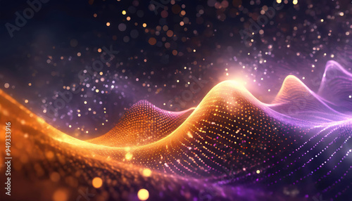 Abstract digital holographic orange amber, purple particles and waves with shiny sparkling dots and bokeh lights on dark blue violet wavy virtual surface and cyberspace background or wallpaper. 