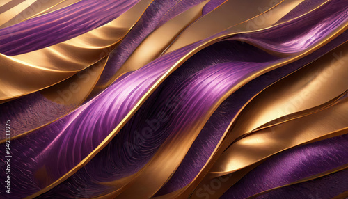 Elegant wavy metal modern abstract art background wallpaper in motion, moving waves of 3D metallic texture in shiny bronze, purple, violet color surface, contemporary fluid curved shapes wall design.