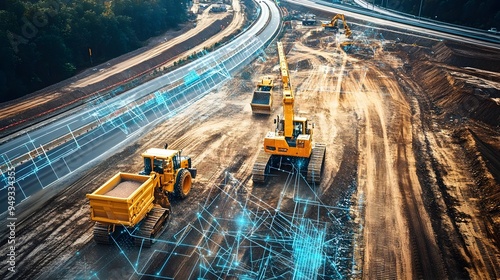 IoT Powered Automation Revolutionizes Road Construction Site with Seamless of Heavy Machinery and Digital Control Systems for Enhanced Efficiency and Productivity
