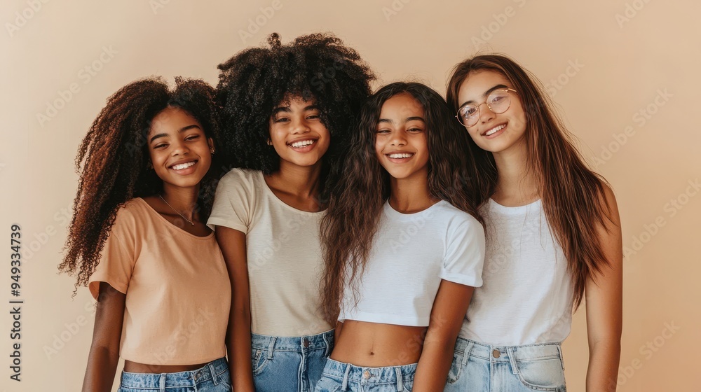 Four African American teenagers stand close together, smiling warmly while dressed in casual clothing with relaxed hairstyles in a light setting Four African American teenagers stand close together, smiling warmly while dressed in casual clothing with relaxed hairstyles in a light setting
