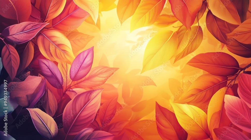 A vibrant sunrise scene with a mix of orange, yellow and green autumn leaves. A vibrant sunrise scene with a mix of orange, yellow and green autumn leaves.