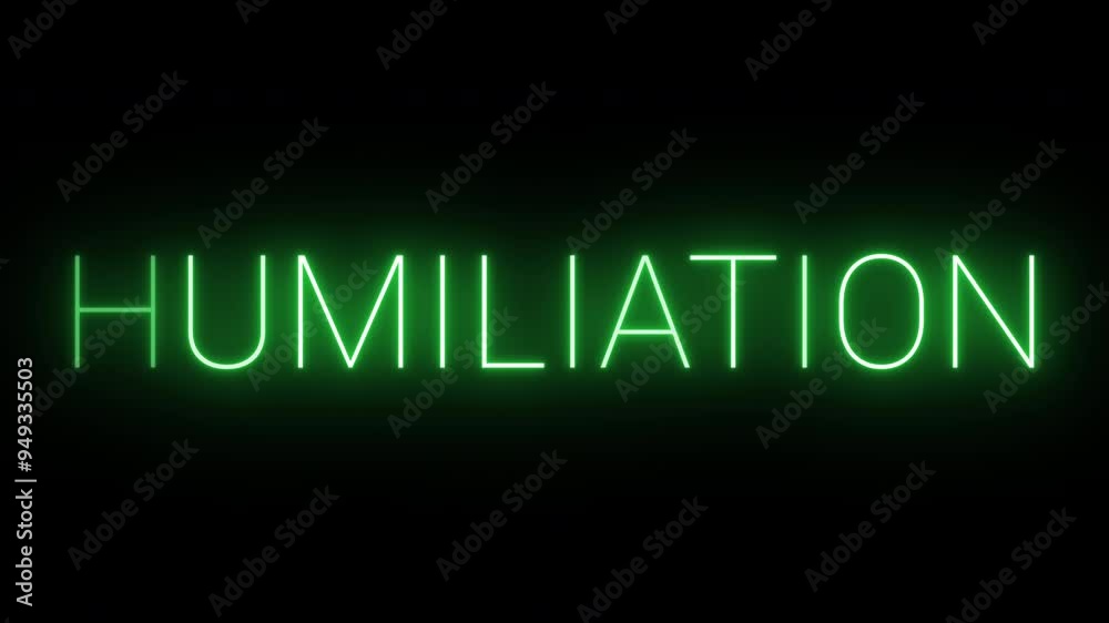 Flickering neon green glowing humiliation text animated on black background Flickering neon green glowing humiliation text animated on black background