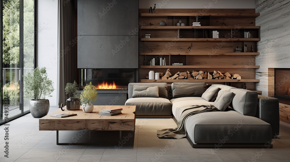 Stylish composition of creative cozy spacious apartment with gray sofa and wooden table Stylish composition of creative cozy spacious apartment with gray sofa and wooden table