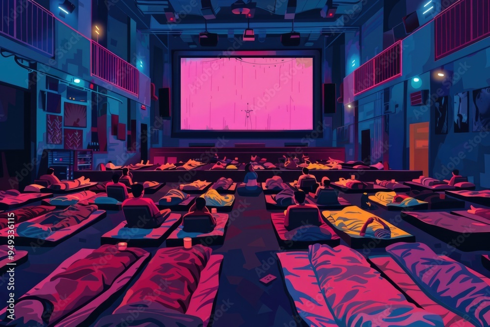 Naklejka premium Group of people resting on a floor with mattresses and pillows, possibly after a party or event