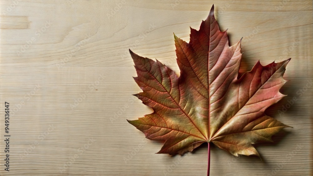 Autumn maple leaf on wooden background.Seasonal discount banner with free space.Minimalistic fall postcard to present your advertisement