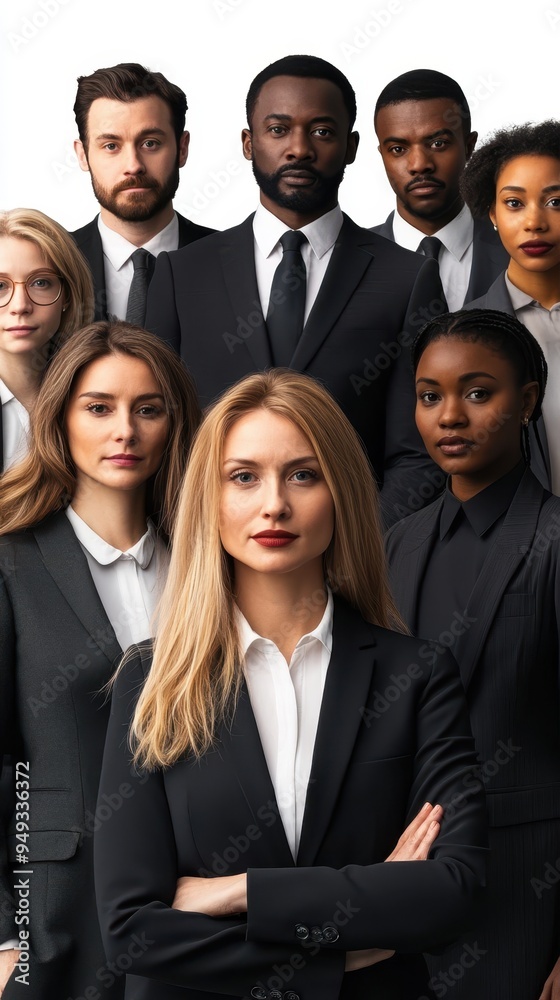 A group of diverse business professionals in formal attire stands confidently together, showcasing teamwork and collaboration in a modern office A group of diverse business professionals in formal attire stands confidently together, showcasing teamwork and collaboration in a modern office