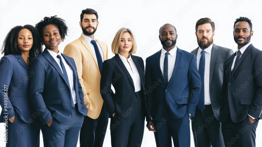 Obraz premium A team of business professionals in formal attire stands together, showcasing diversity in their roles and backgrounds