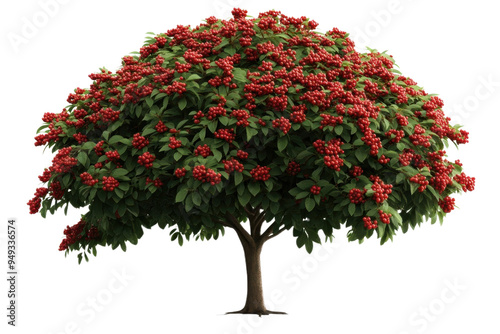 A vibrant tree covered in red flowers, showcasing lush green leaves, perfect for nature-themed projects or seasonal designs.