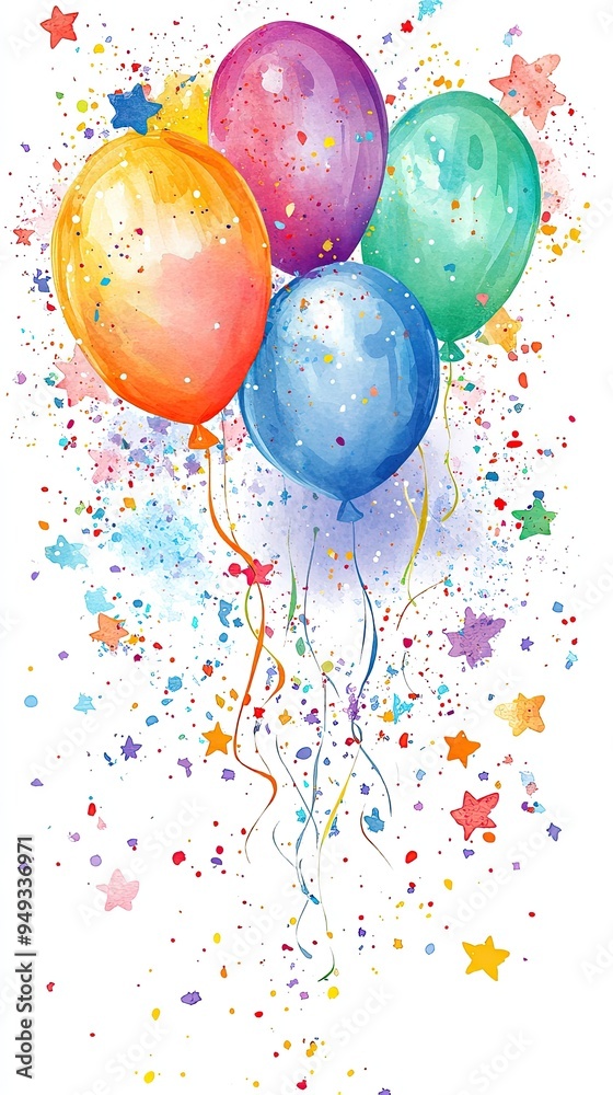 Colorful balloons float amidst a vibrant background of stars and confetti, perfect for celebrations and festive occasions. Colorful balloons float amidst a vibrant background of stars and confetti, perfect for celebrations and festive occasions.