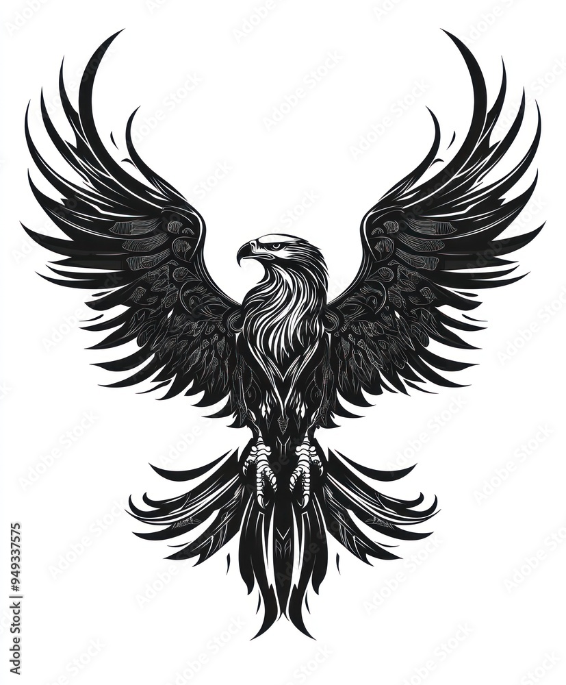 A stylized black eagle with intricate feather details and a powerful stance. A stylized black eagle with intricate feather details and a powerful stance.