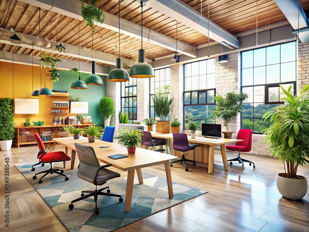 Fototapeta premium upbeat collaborative environment harmonious workspace modern office layout bright colors 