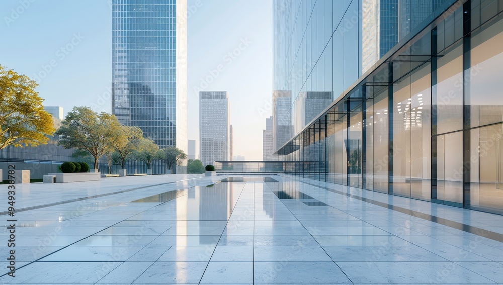 Fototapeta premium A city street with a large glass building in the background by AI generated image