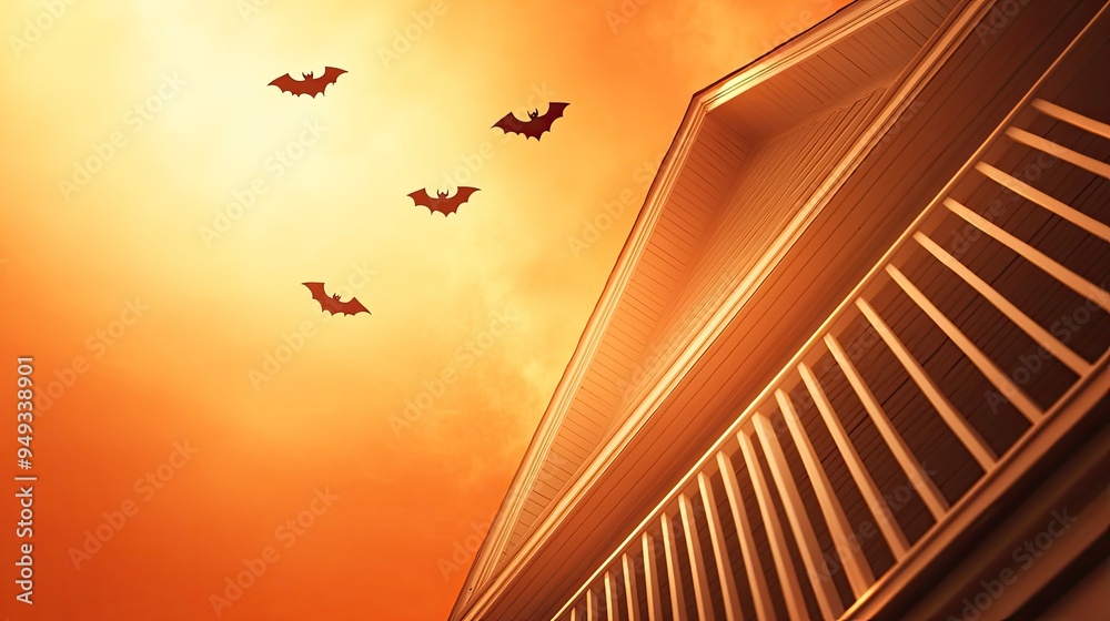 Obraz premium A captivating sunset scene with bats soaring above a building, creating a mysterious and eerie atmosphere.