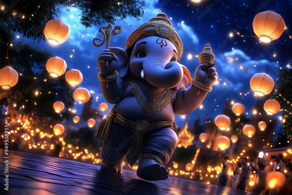Ganesh Chaturthi night procession, depicted in an artwork where a procession winds through the streets under a canopy of stars, with lanterns, music, and joyous celebrations leading up to the Ganesh Chaturthi night procession, depicted in an artwork where a procession winds through the streets under a canopy of stars, with lanterns, music, and joyous celebrations leading up to the