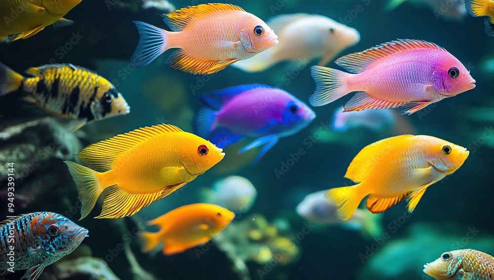 A vibrant scene of an aquarium filled with colorful fish A vibrant scene of an aquarium filled with colorful fish