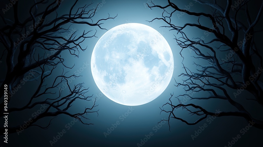 Naklejka premium A glowing full moon surrounded by dark, bare branches creates a mysterious and tranquil night atmosphere.