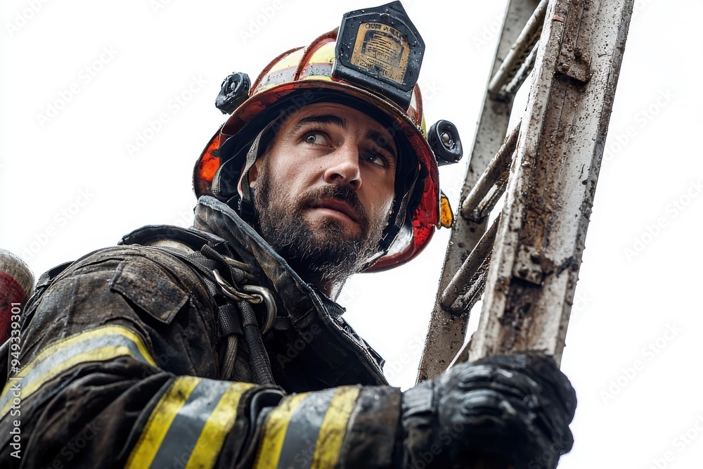Naklejka premium Firefighter Climing Ladder.
