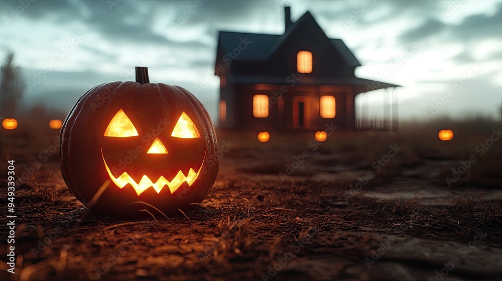 A glowing jack-o'-lantern in front of a house, creating a spooky atmosphere for Halloween under a dramatic sky. A glowing jack-o'-lantern in front of a house, creating a spooky atmosphere for Halloween under a dramatic sky.