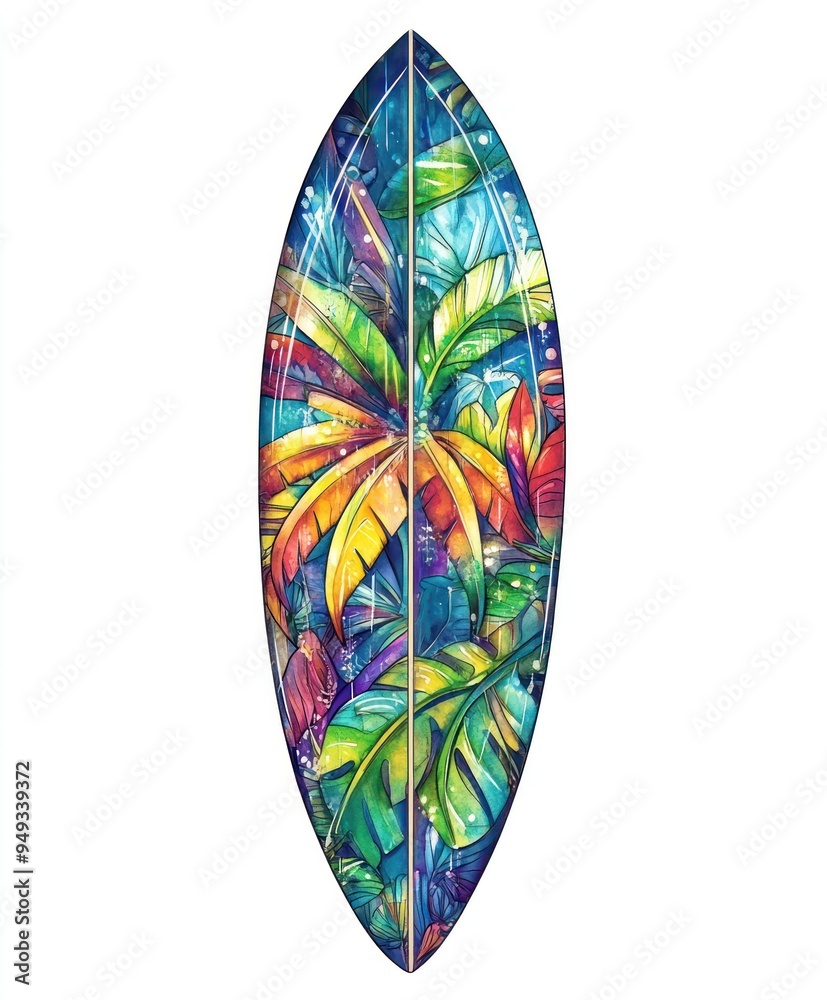 A vibrant surfboard design featuring tropical plants and colorful foliage. A vibrant surfboard design featuring tropical plants and colorful foliage.