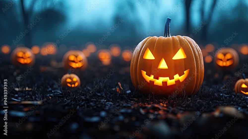 A glowing jack-o'-lantern surrounded by a field of lit pumpkins in a moody, misty atmosphere perfect for Halloween. A glowing jack-o'-lantern surrounded by a field of lit pumpkins in a moody, misty atmosphere perfect for Halloween.