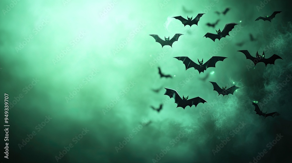 Fototapeta premium A haunting scene of flying bats against a mysterious green fog, perfect for Halloween and eerie themed designs.
