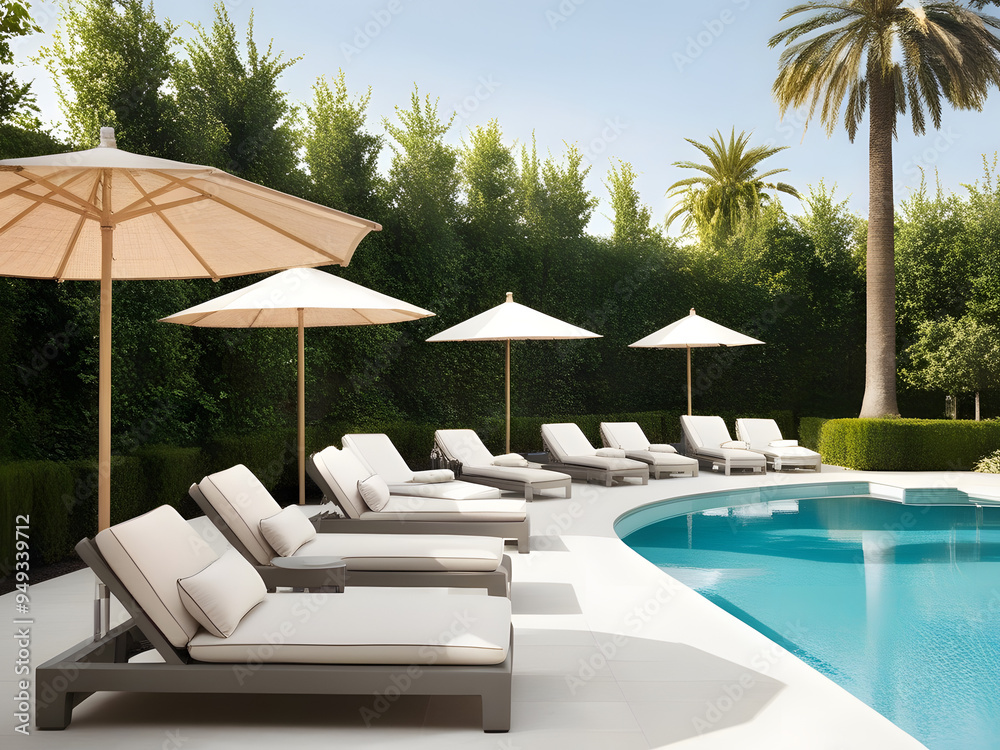 Fototapeta premium beautiful luxury swimming pool in hotel with umbrellas and outdoor chairs with palm trees