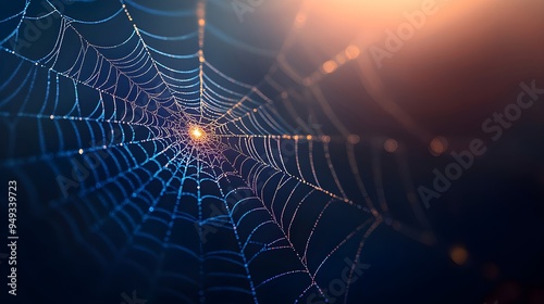 Creepy white spider web of wild spider with tiny drops of water shining in light on dark purple background. Scary cobweb for Halloween party. Closeup backdrop with copy space