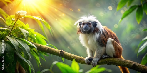 Golden light pours through emerald leaves, a Pied Tamarin monkey's fur glistening on a branch, dew-kissed whiskers twitching as it surveys the misty forest. photo