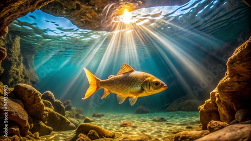 Golden sunlight warms the crystal-clear waters, casting an ethereal glow on the cave fish's translucent scales as it glides through the limestone formations. photo